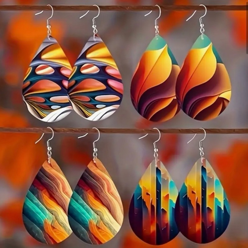 ⭐️ 5 for $25 Bohemian Wood Abstract Teardrop Hoop Earrings - Picture 5 of 7